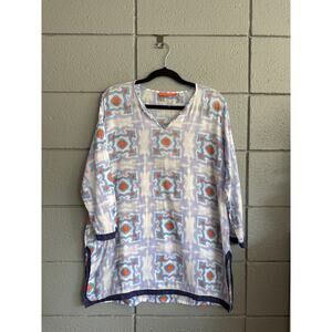 Womens Oliphant Breezy Ikat 3/4 Sleeve Artsy Geometric Tunic sz L Lagenlook Boho